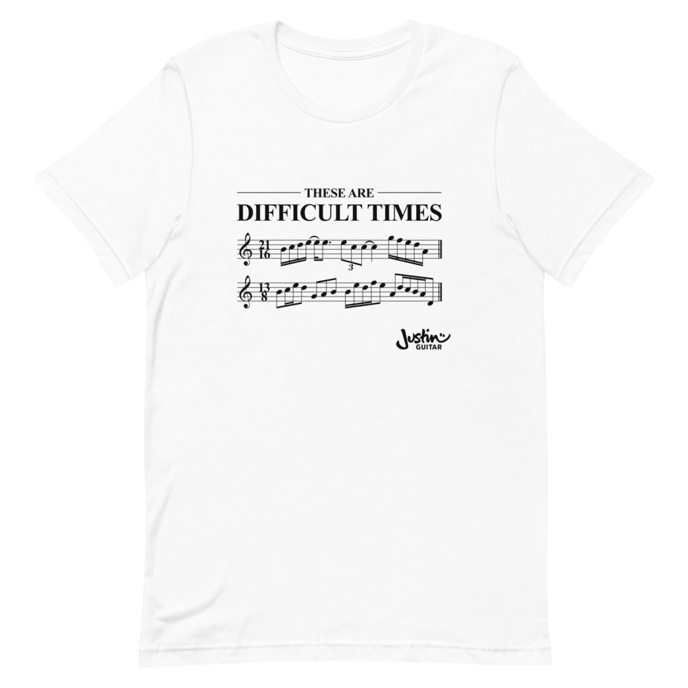 White shirt with 'These are difficult times' and music notation..