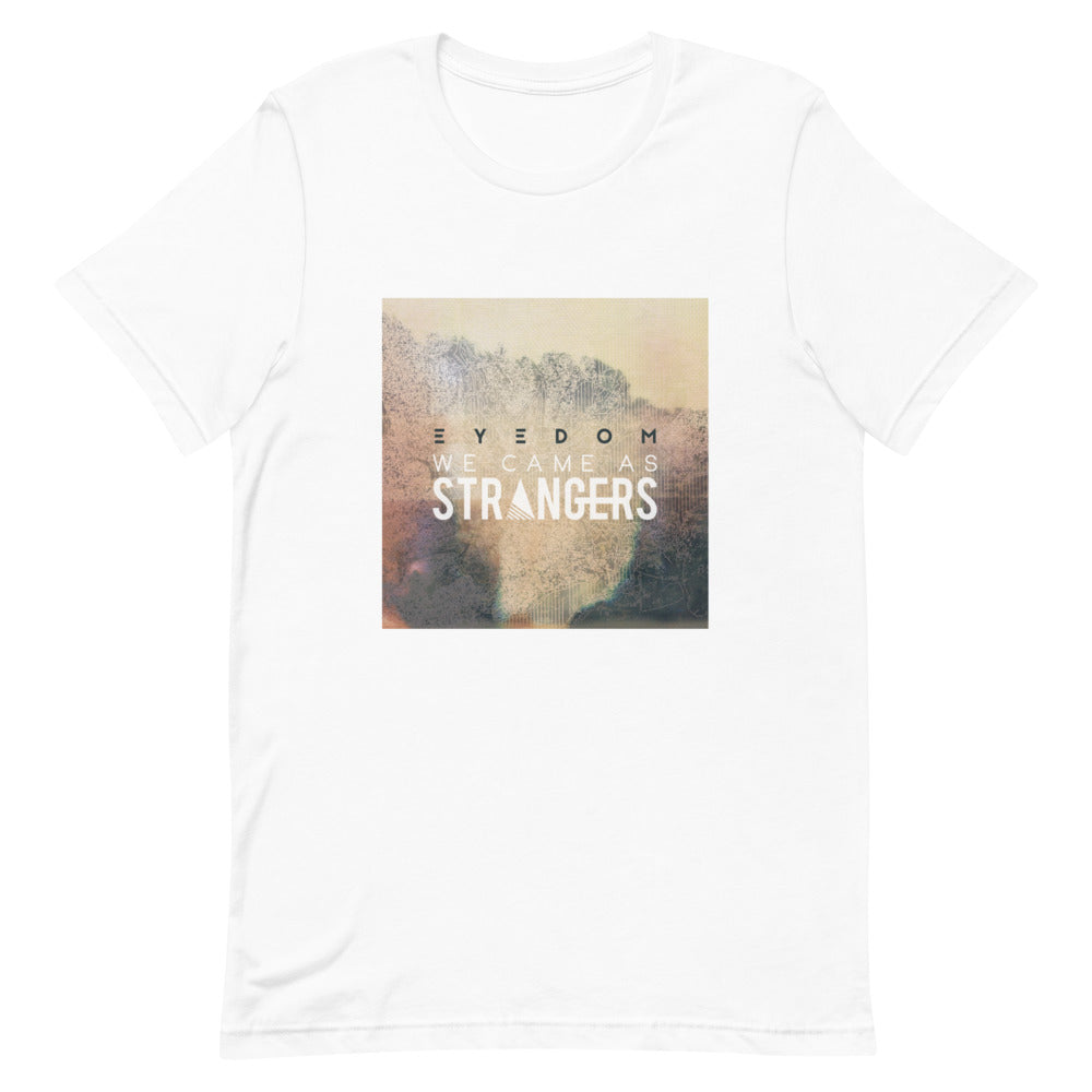 White tshirt with We Came As Strangers Eyedom album design. 