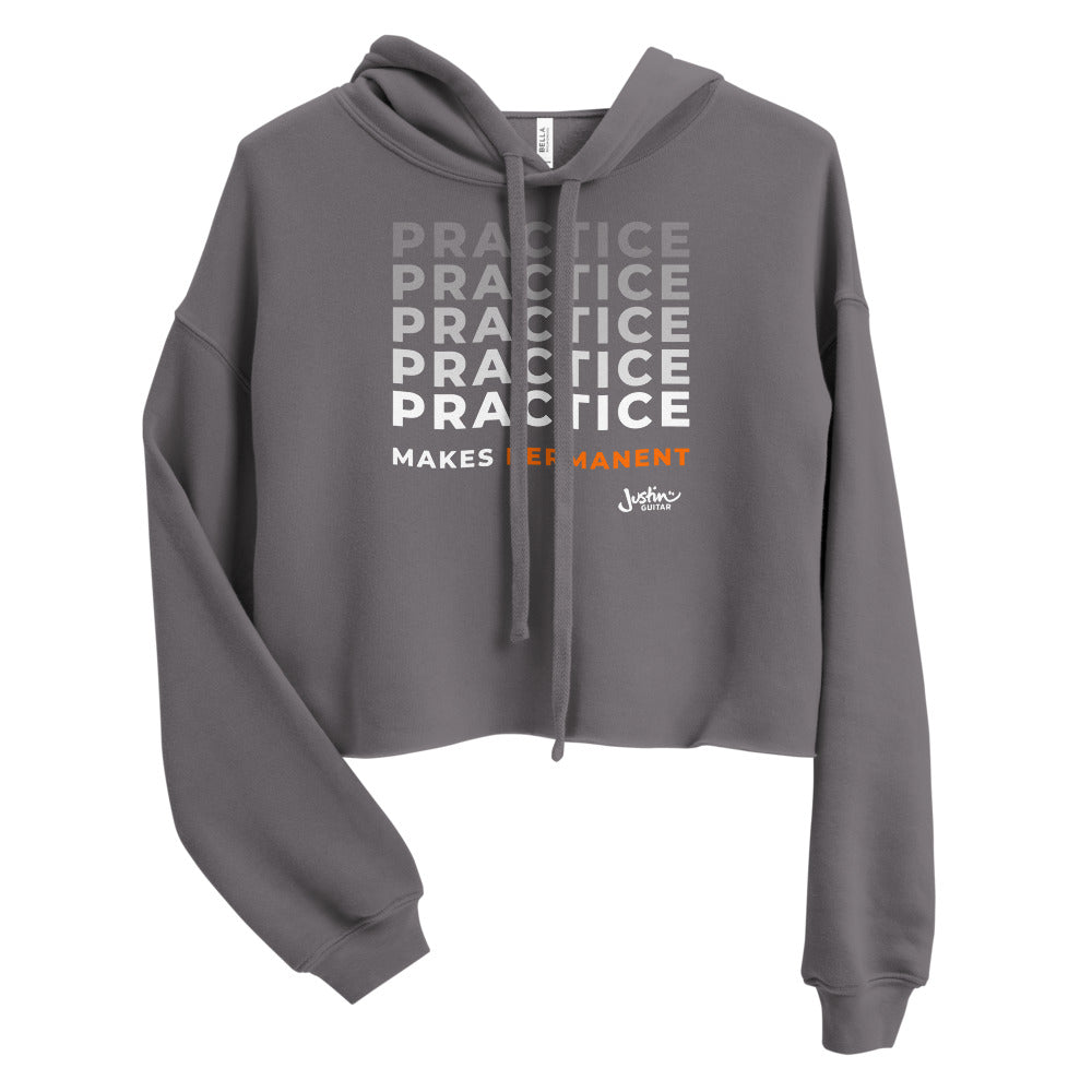 Grey cropped hoodie with 'Practice makes permanent' design.