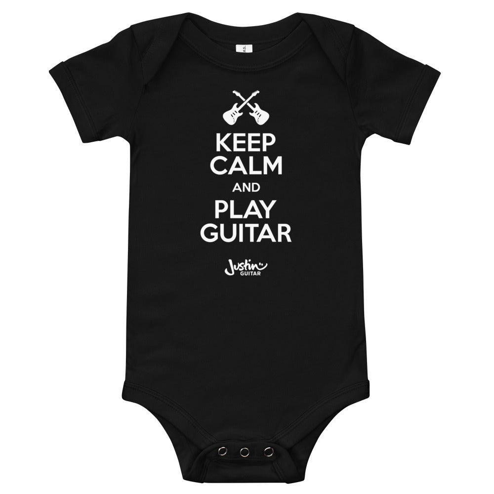 Black one piece for babies with 'Keep calm and play guitar' design.