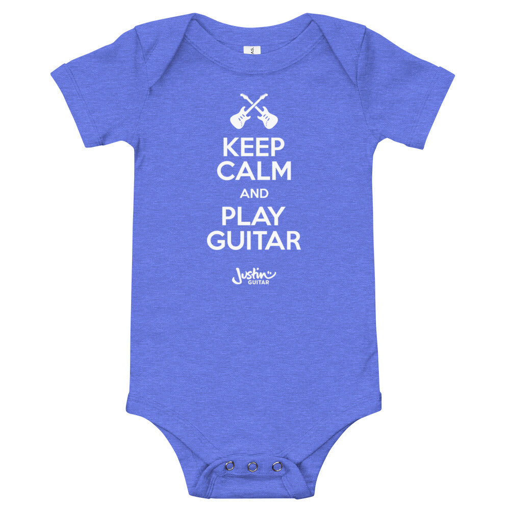 Purple one piece for babies with 'Keep calm and play guitar' design.