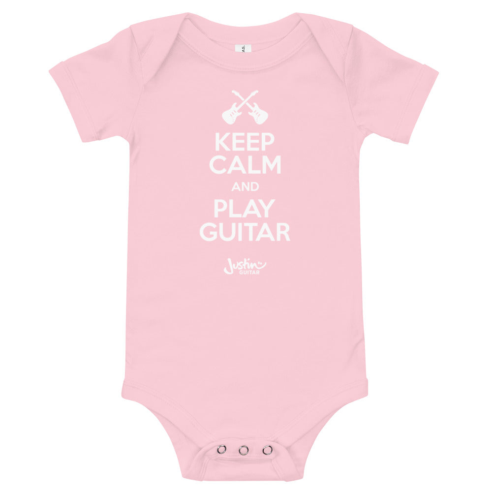 Pink one piece for babies with 'Keep calm and play guitar' design.