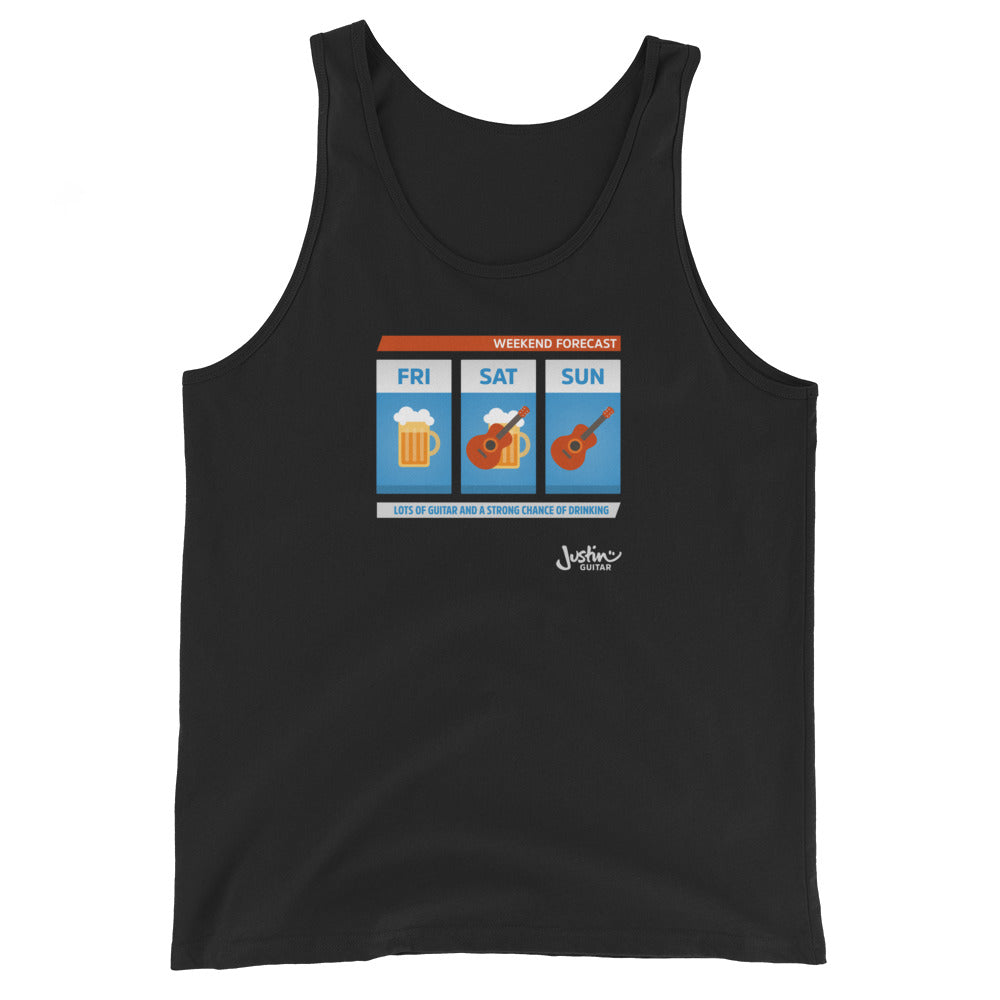 Black tank top with design showing a weekend forecast of lots of guitar and a strong change of drinking.