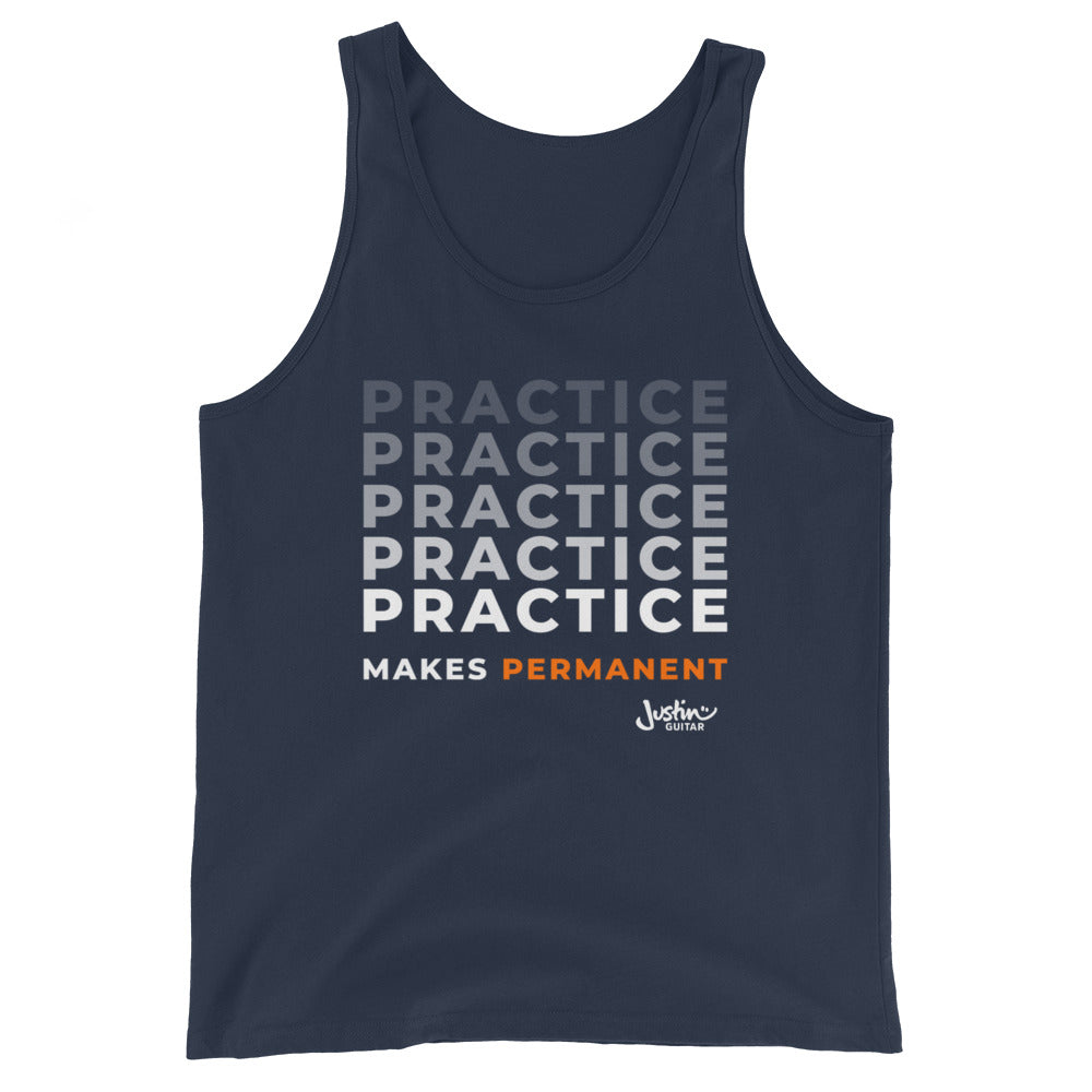 Navy tank top  with 'Practice makes permanent' design.
