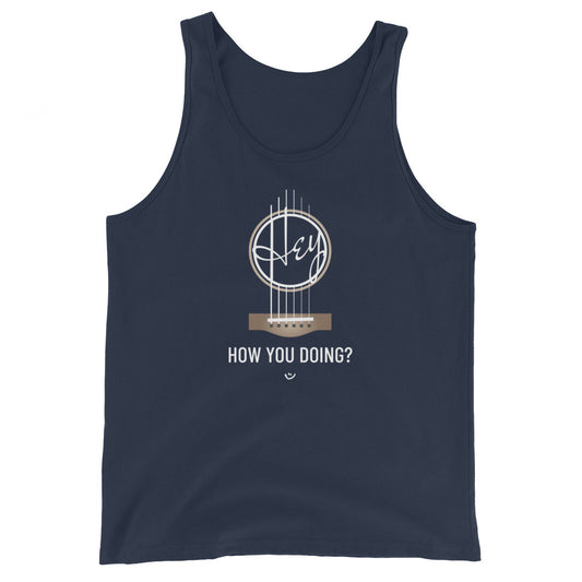Navy tank top with 'Hey, How you doing? guitar design.