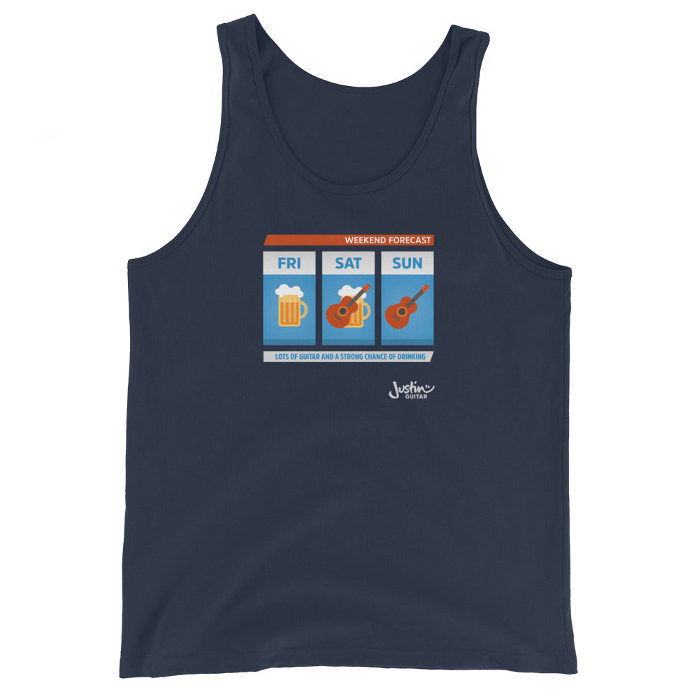 Navy tank top with design showing a weekend forecast of lots of guitar and a strong change of drinking.