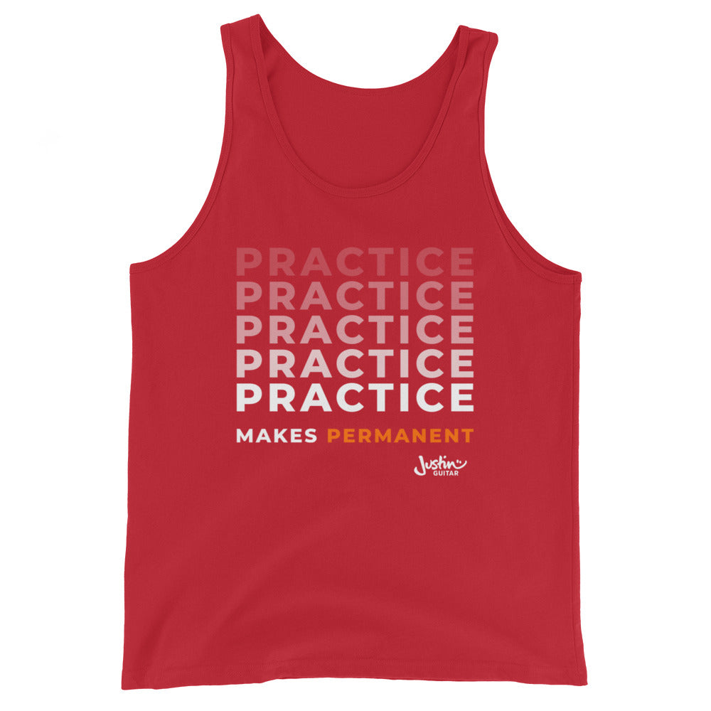 Red tank top  with 'Practice makes permanent' design.