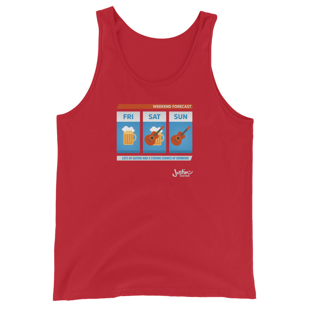 Red tank top with design showing a weekend forecast of lots of guitar and a strong change of drinking.