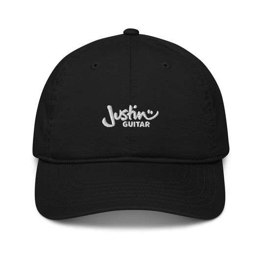 Black baseball cap with JustinGuitar logo embroidered in the front. 