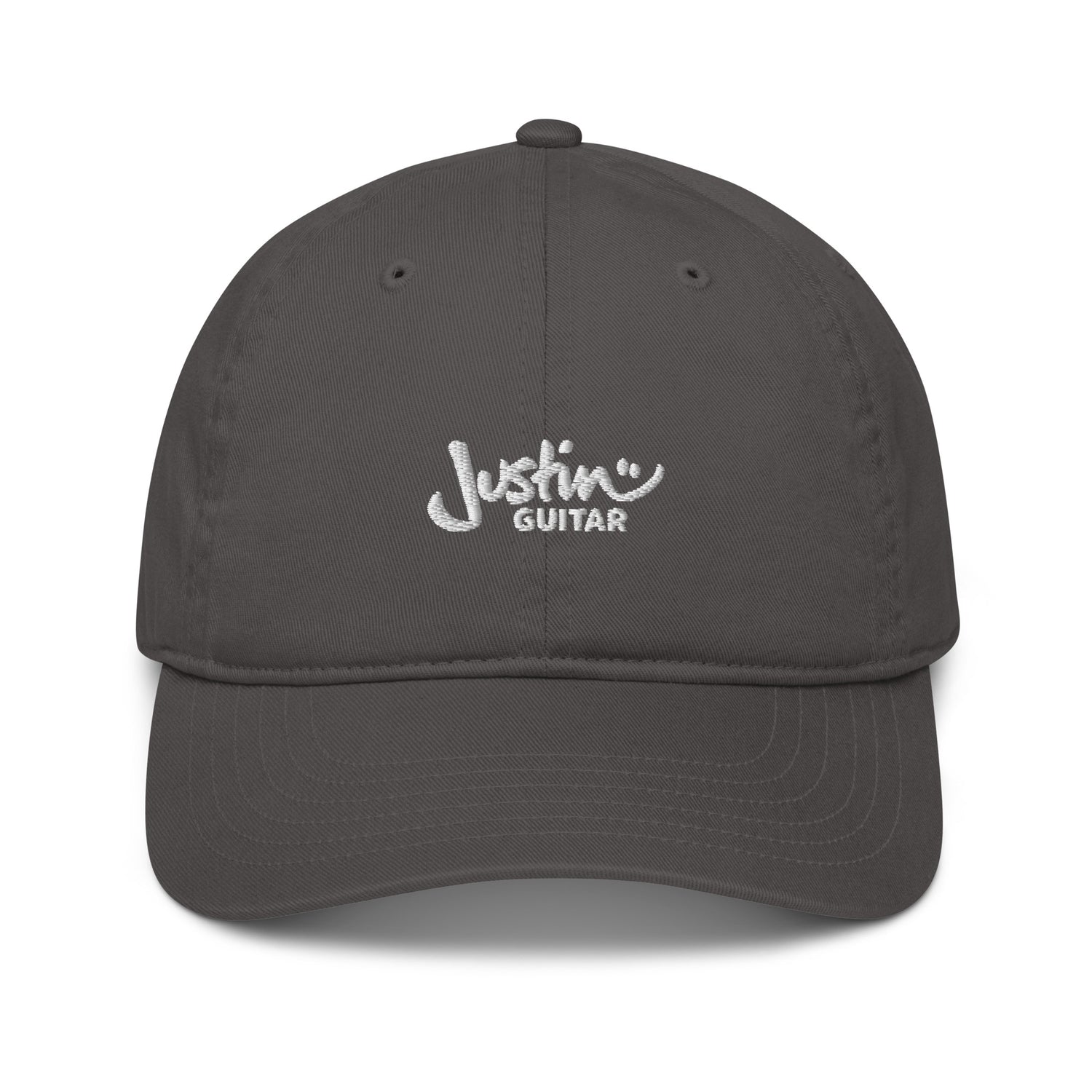 Grey baseball cap with JustinGuitar logo embroidered in the front. 