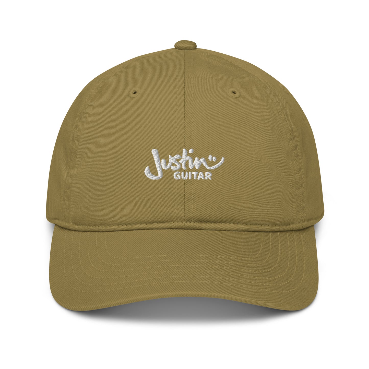 Mustard yellow baseball cap with JustinGuitar logo embroidered in the front. 