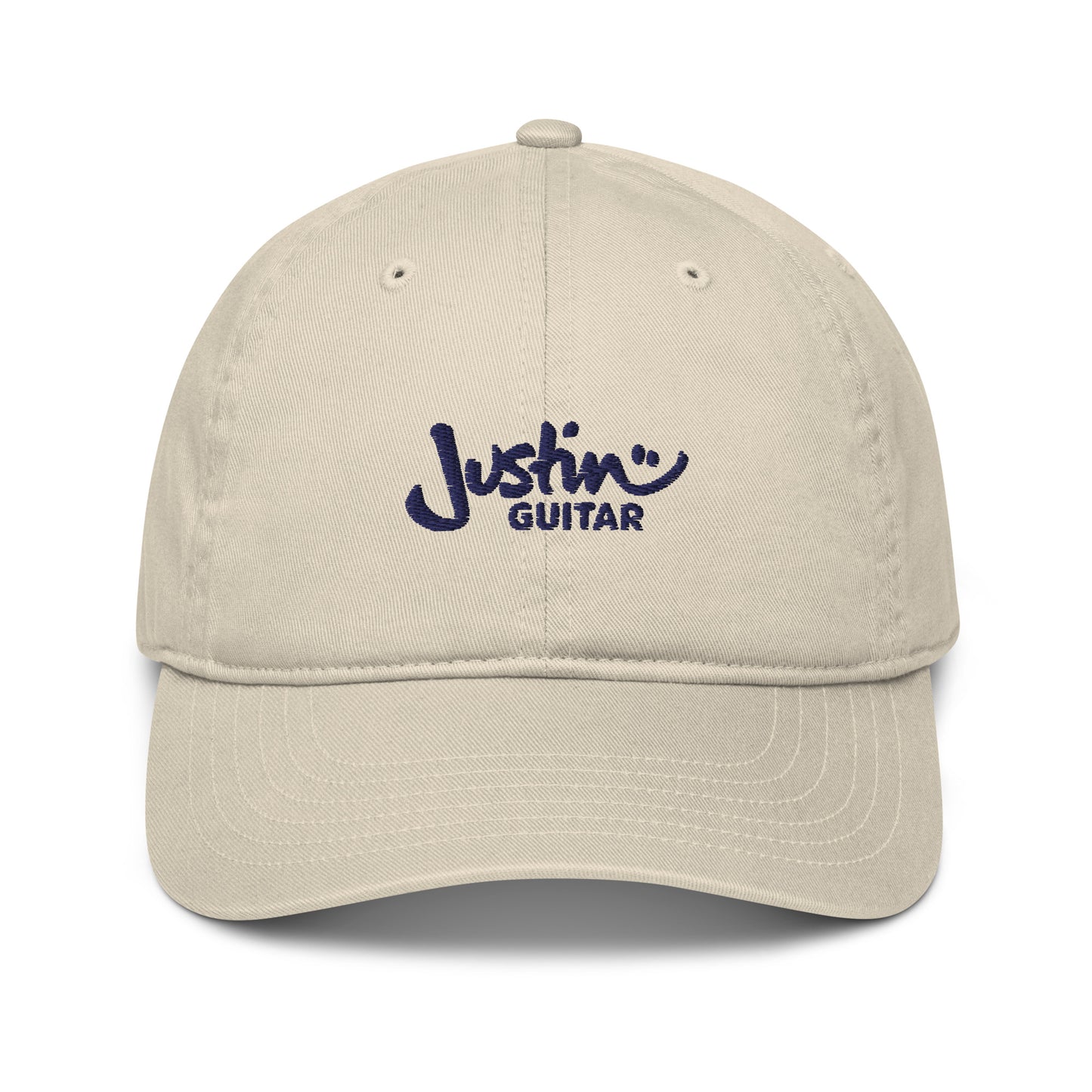 Beige baseball cap with JustinGuitar logo embroidered in the front. 