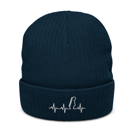 Navy green hat with guitar heartbeat design.
