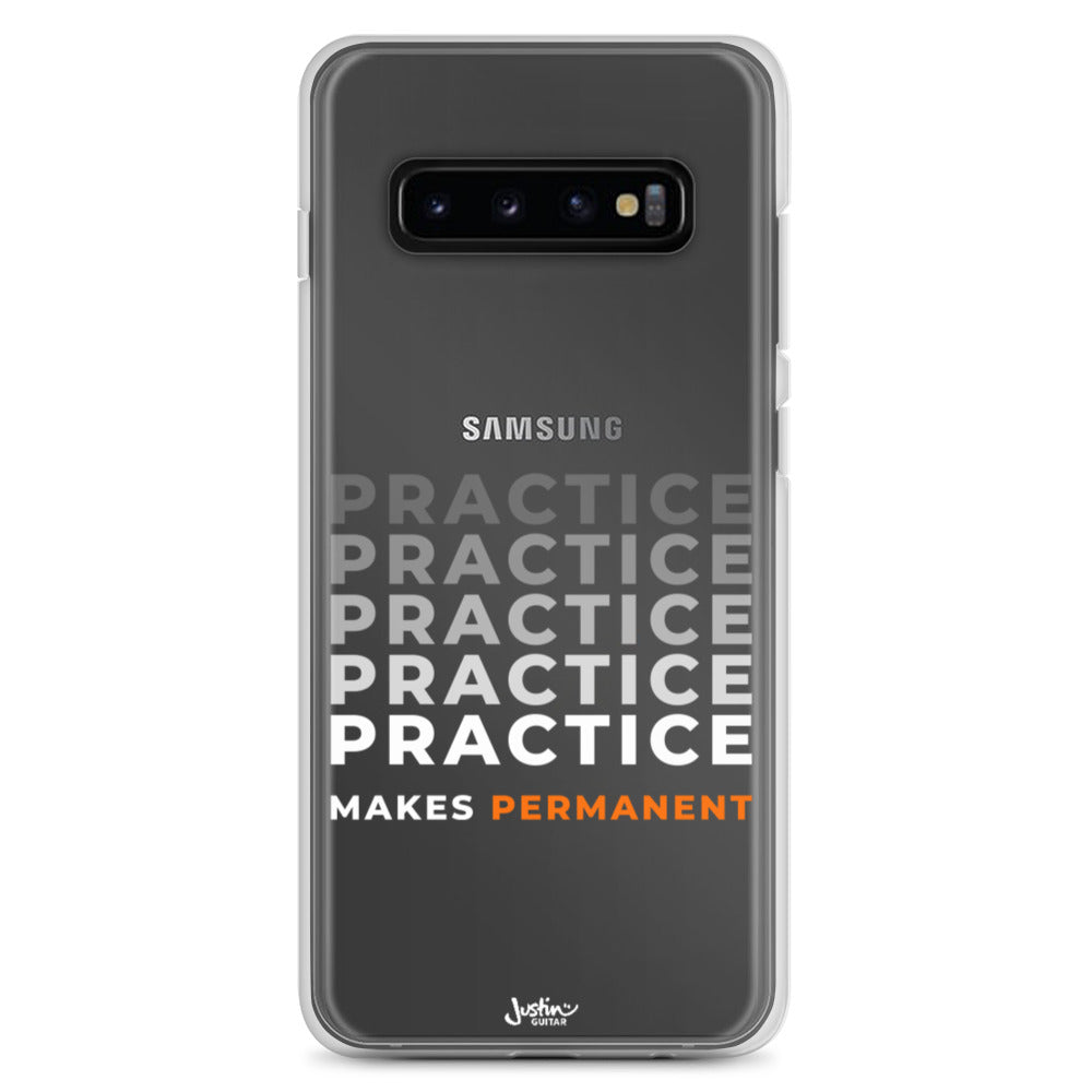 Samsung Galaxy S10 case with 'Practice makes permanent' design.
