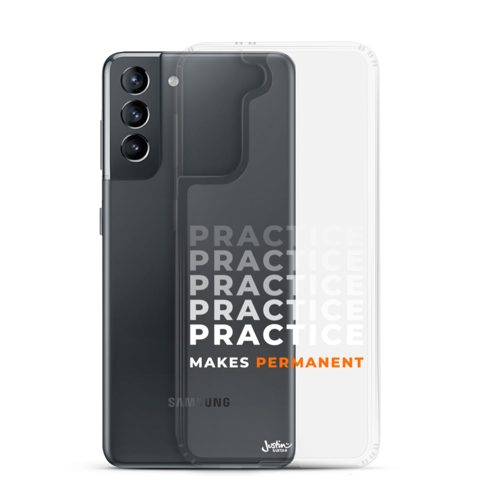 Samsung Galaxy S21 case with 'Practice makes permanent' design.