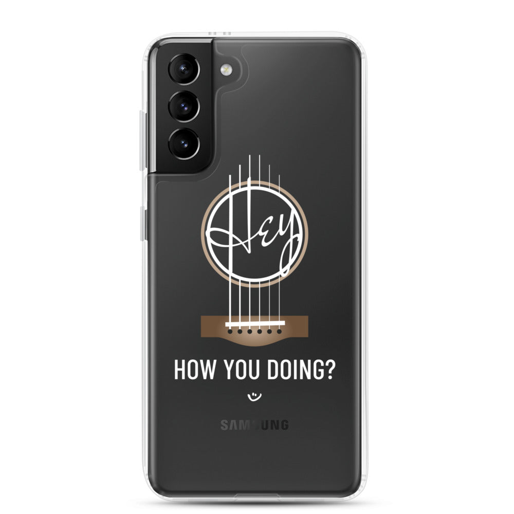 Samsung Galaxy s21 Plus case with 'Hey, How you doing? guitar design.