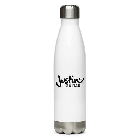 Stainless steel water bottle with JustinGuitar logo.