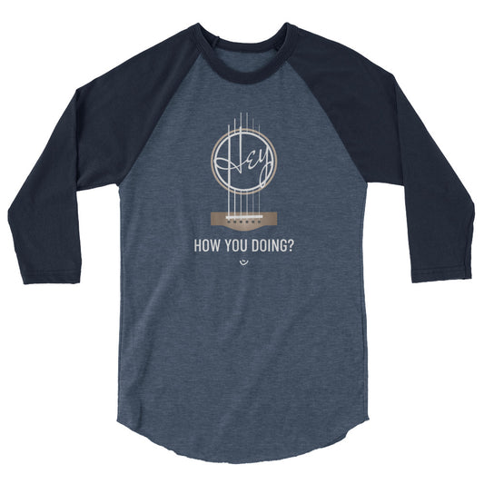 Navy Raglan shirt with 'Hey, How you doing? guitar design.