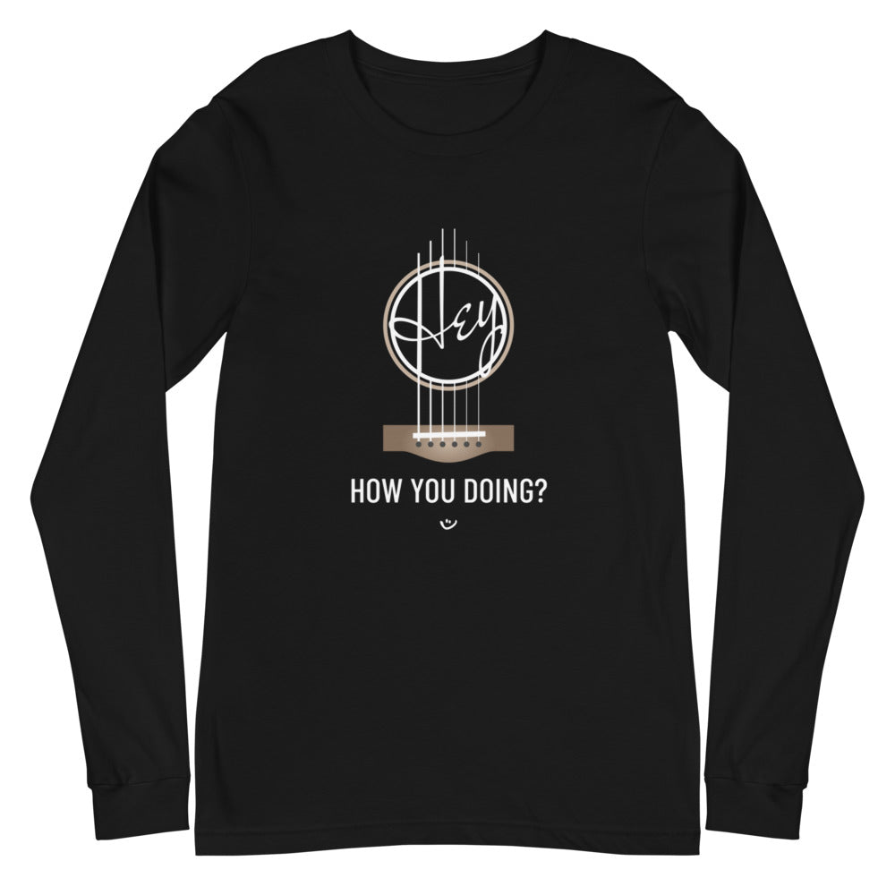 Black long sleeve shirt with 'Hey, How you doing? guitar design.
