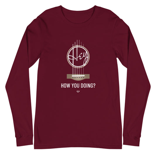Maroon long sleeve shirt with with 'Hey, How you doing? guitar design.