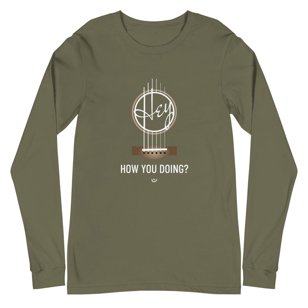 Military green long sleeve shirt with 'Hey, How you doing? guitar design.