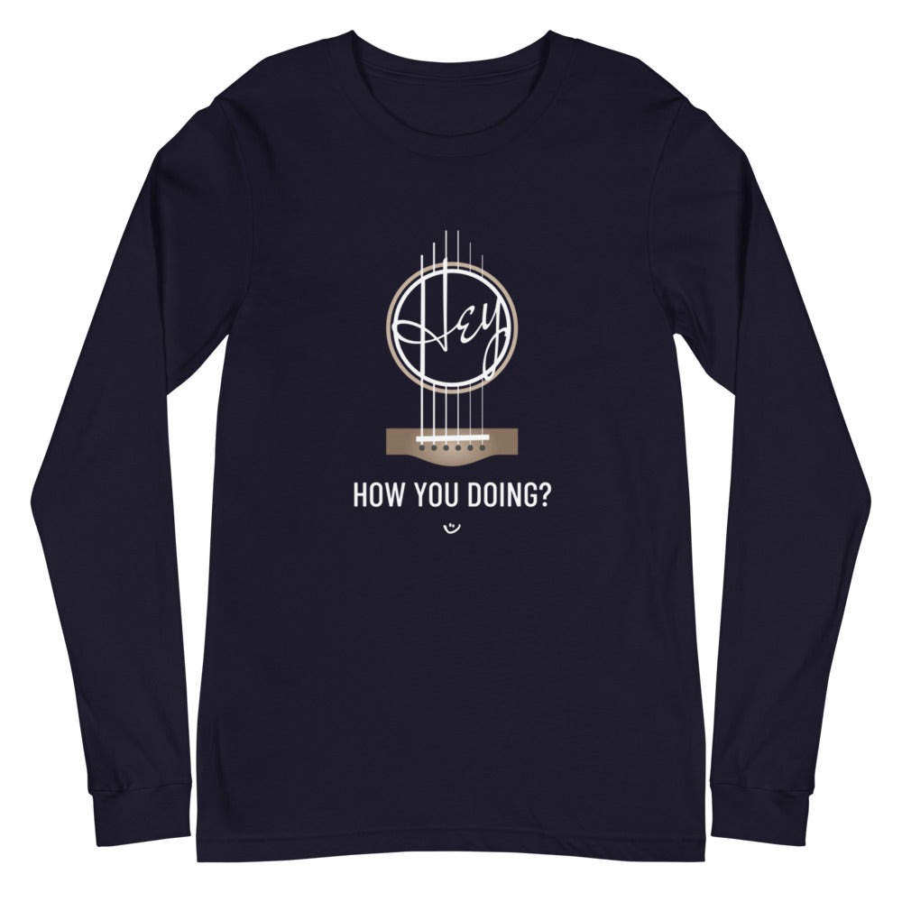 Navy long sleeve shirt with 'Hey, How you doing? guitar design.