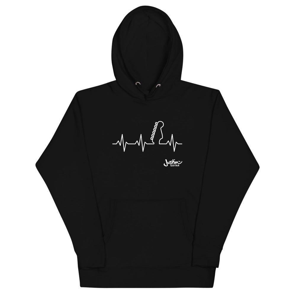 Black hoodie with guitar heartbeat design.