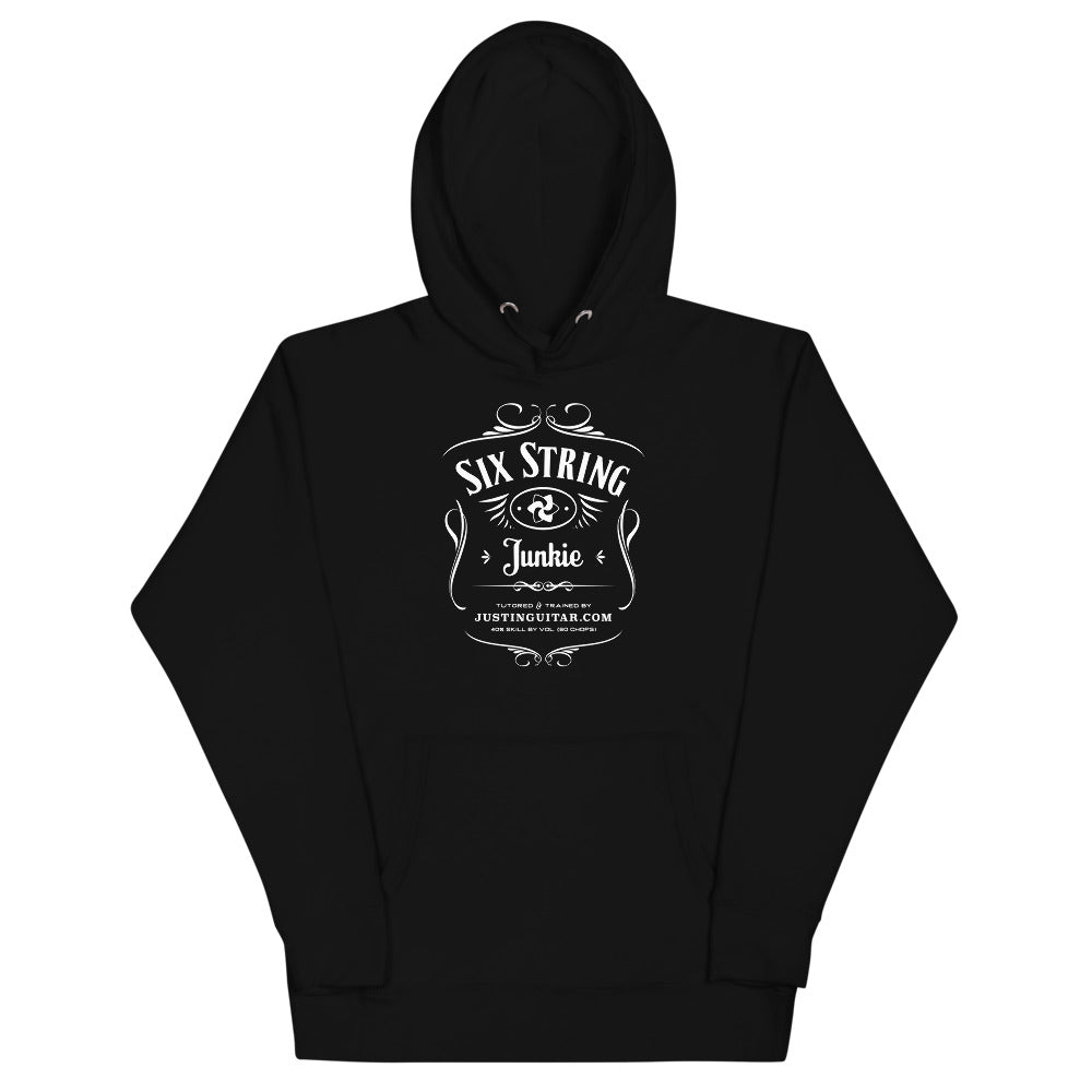 Black hoodie with six string junkie design.