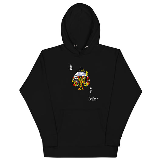 Black Unisex Hoodie with Ace of Spades guitar player design.