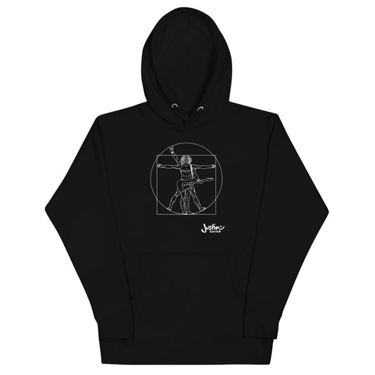 Black hoodie with a design of Da Vinci playing the electric guitar. 
