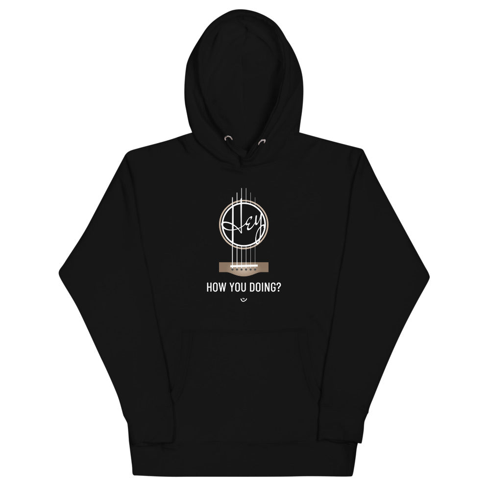 Black hoodie with 'Hey, How you doing? guitar design.