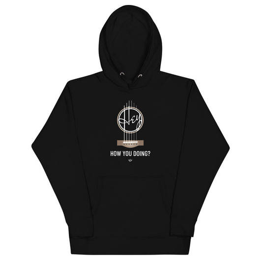 Black hoodie with 'Hey, How you doing? guitar design.