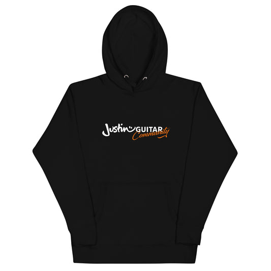 Black hoodie with JustinGuitar Community logo. 