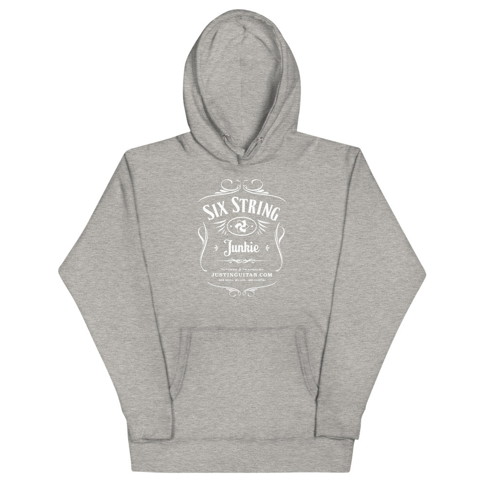 Light grey hoodie with six string junkie design.