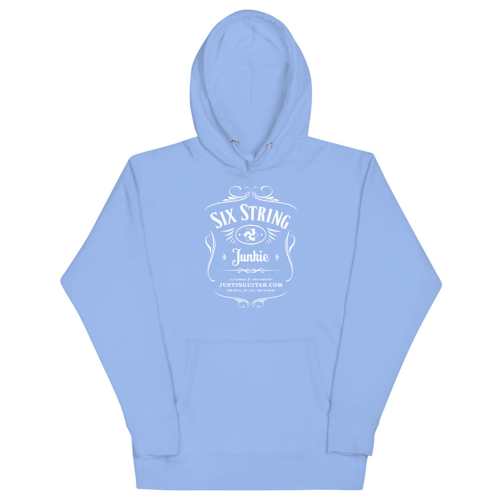 Caroline blue hoodie with six string junkie design.