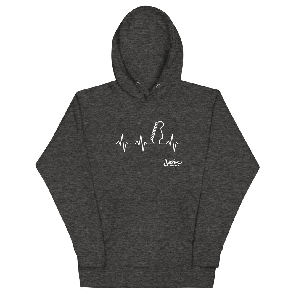 Grey hoodie with guitar heartbeat design.