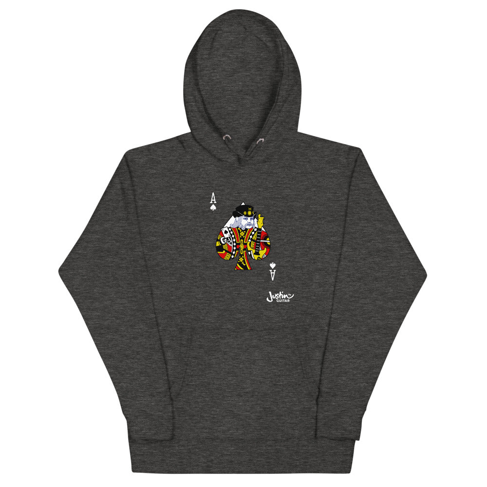 Grey Unisex Hoodie with Ace of Spades guitar player design. 