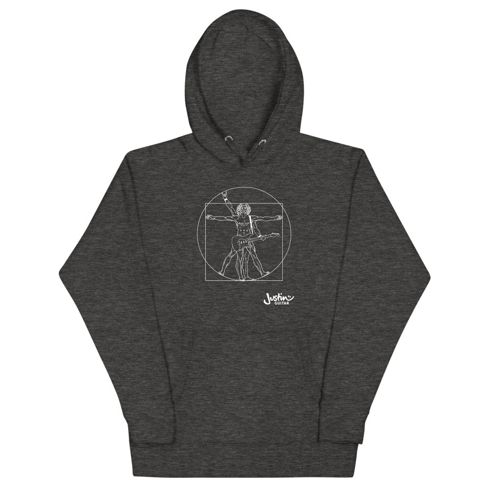 Charcoal heather hoodie with a design of Da Vinci playing the electric guitar. 