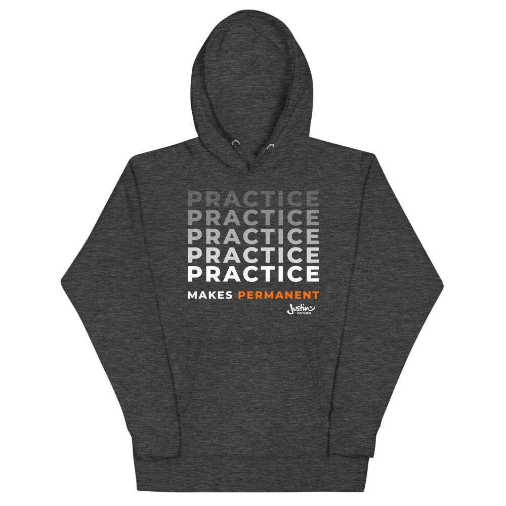 Grey hoodie with with 'Practice makes permanent' design.