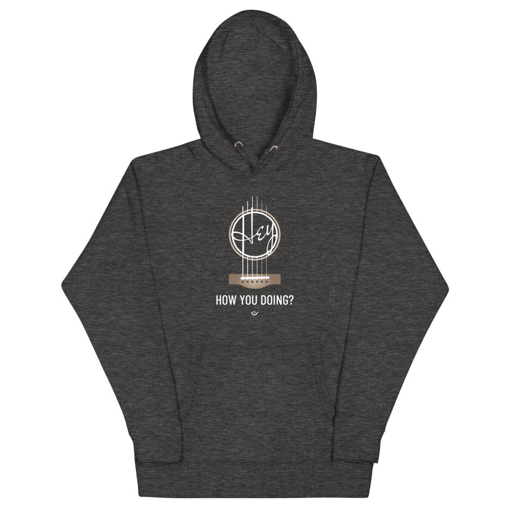 Grey hoodie with 'Hey, How you doing? guitar design.