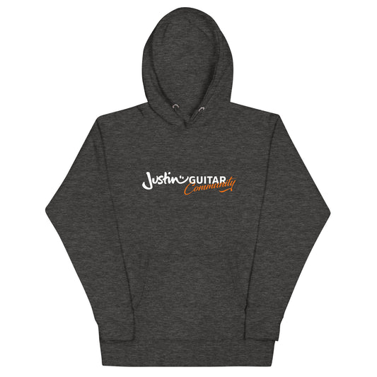 Grey hoodie with JustinGuitar Community logo.