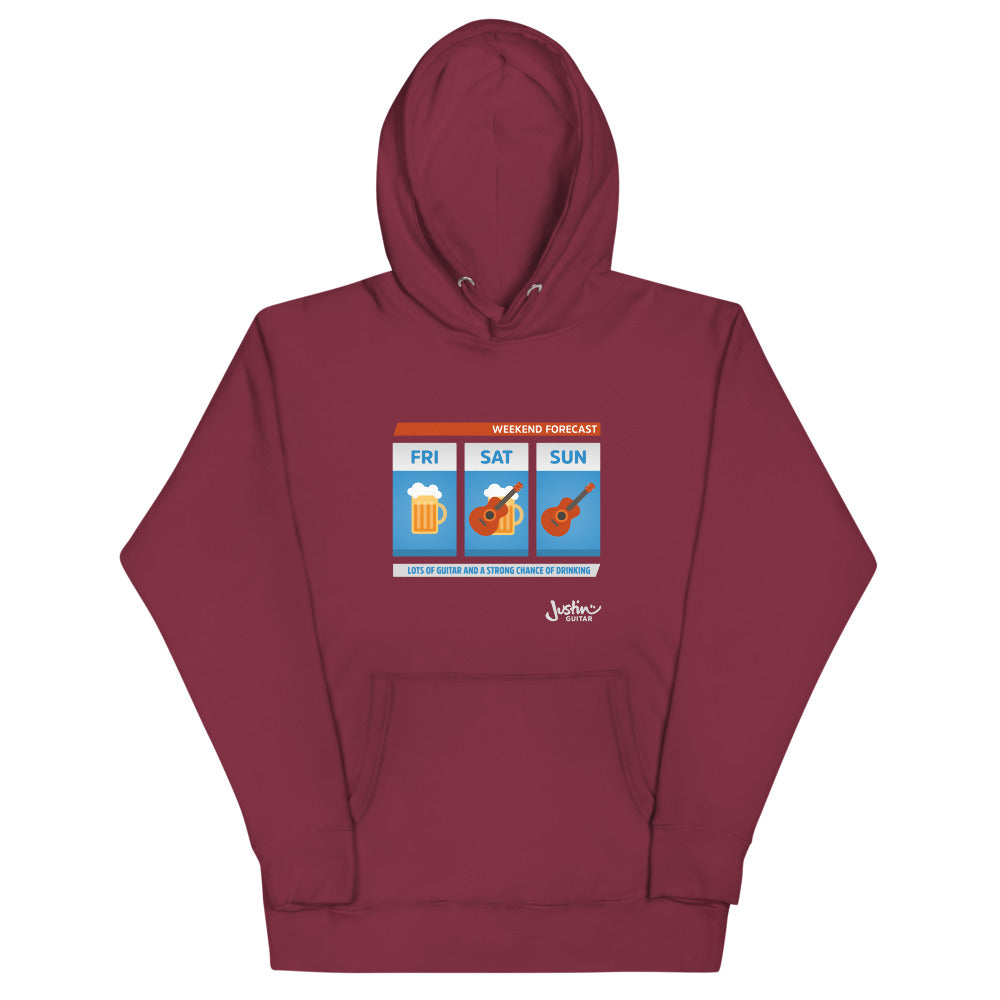 Maroon hoodie with weekend forecast design showing lots of guitar and a strong change of drinking.