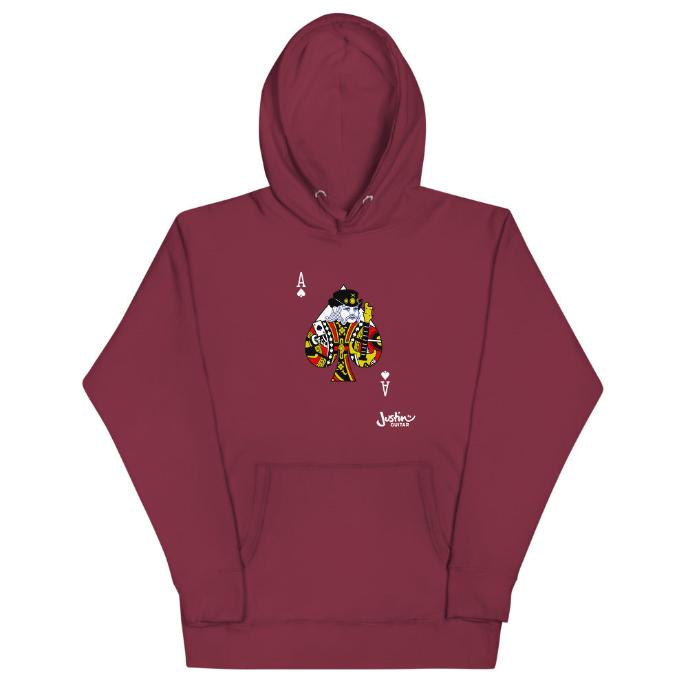 Maroon Unisex Hoodie with Ace of Spades guitar player design. 