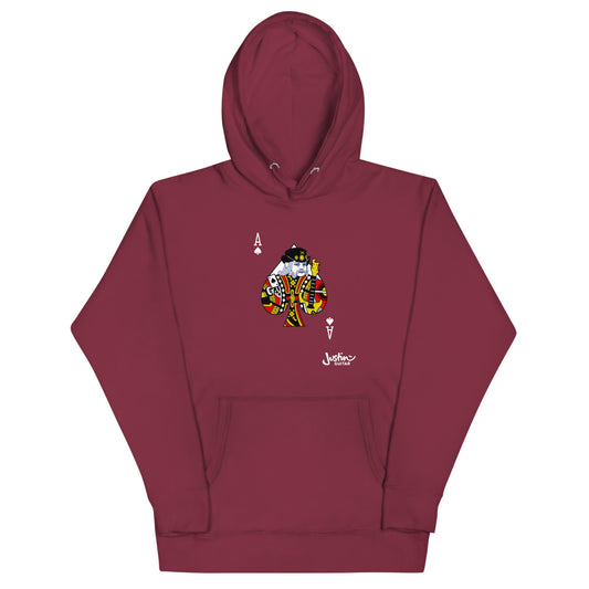 Maroon Unisex Hoodie with Ace of Spades guitar player design.