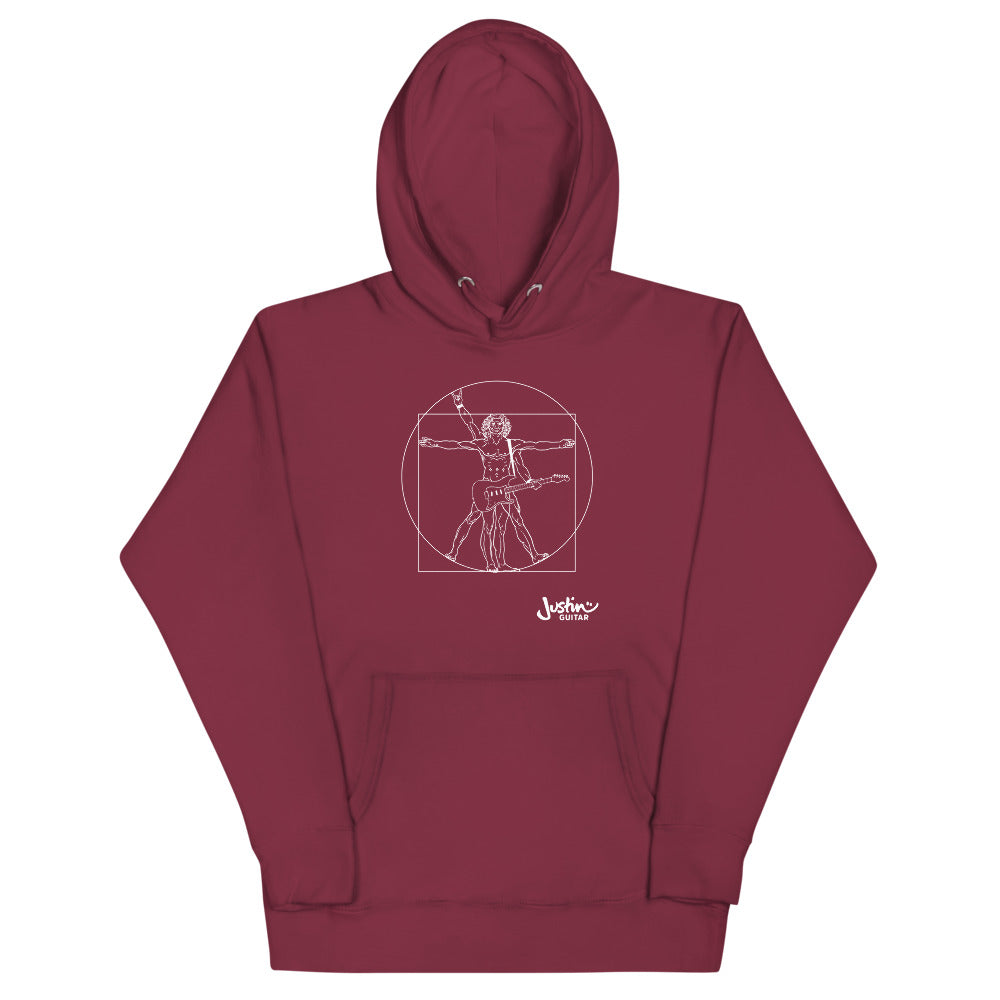 Maroon hoodie with a design of Da Vinci playing the electric guitar. 