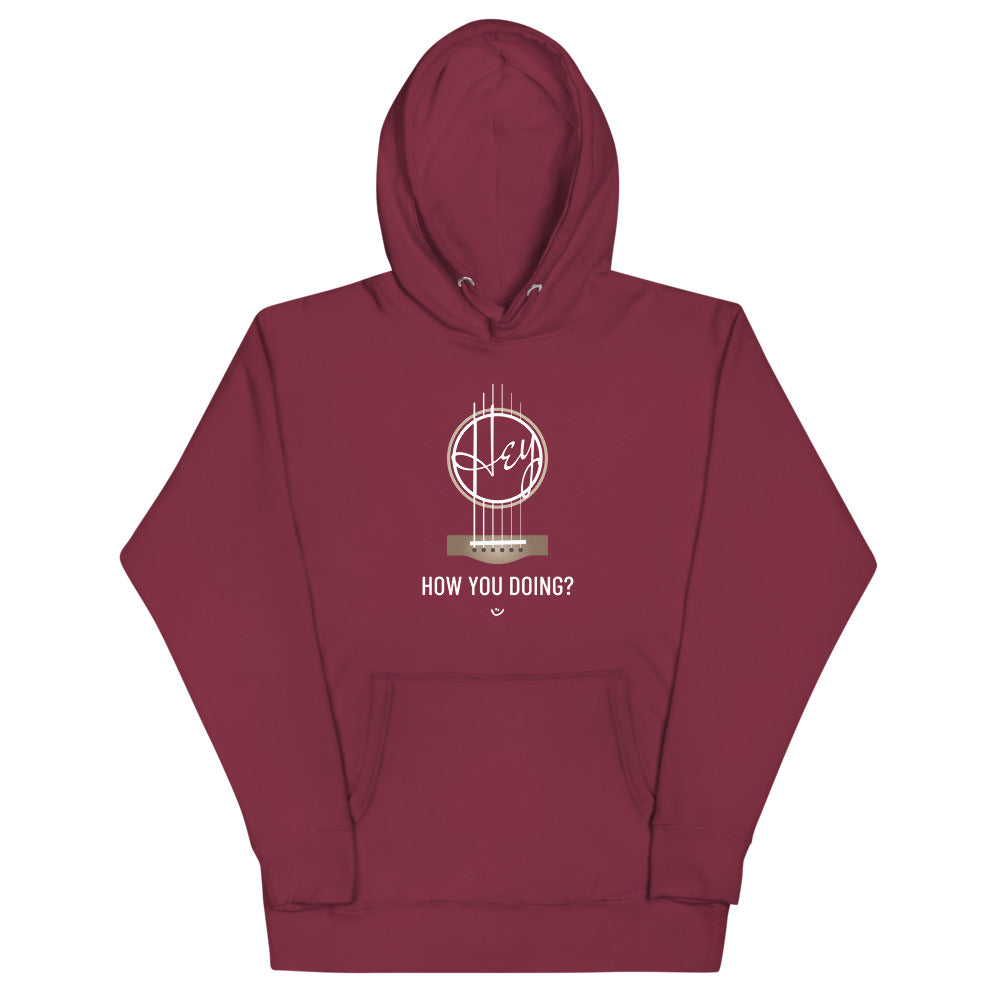 Maroon hoodie with 'Hey, How you doing? guitar design.