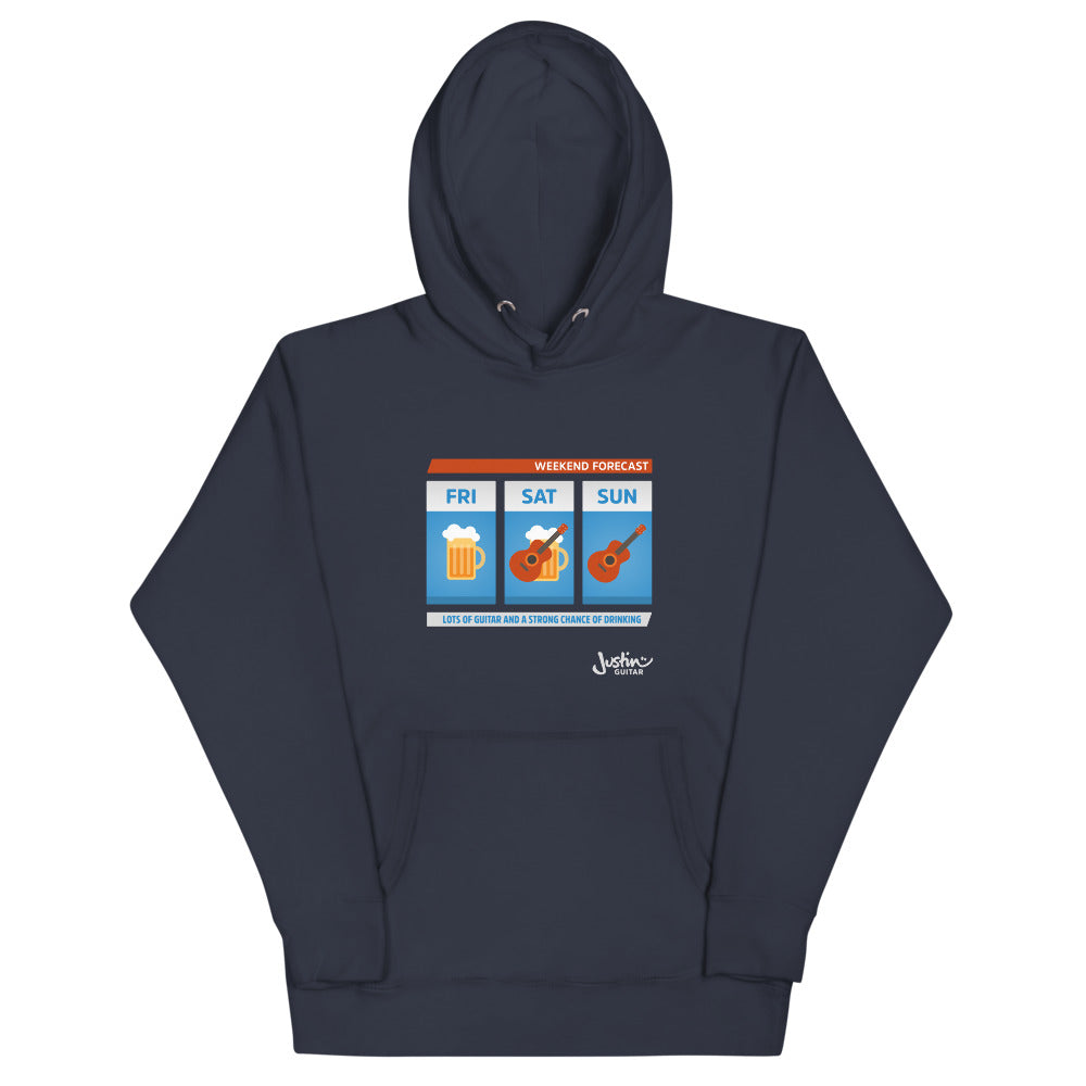 Navy hoodie with weekend forecast design showing lots of guitar and a strong change of drinking.