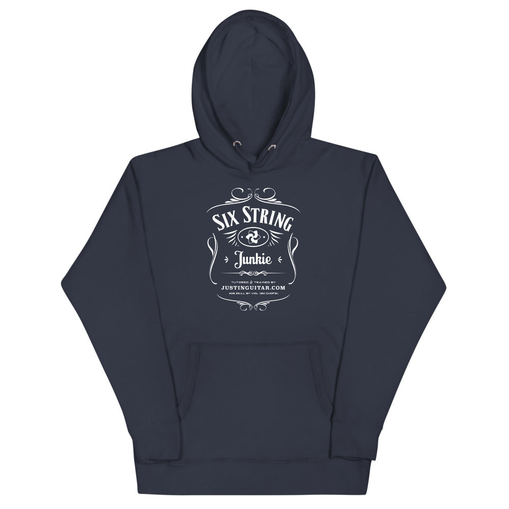 Navy hoodie with six string junkie design.