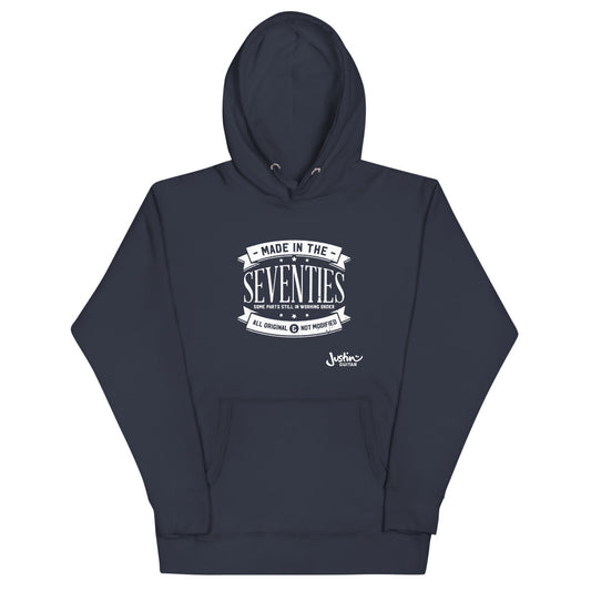 Navy hoodie with 'made in the seventies' design.