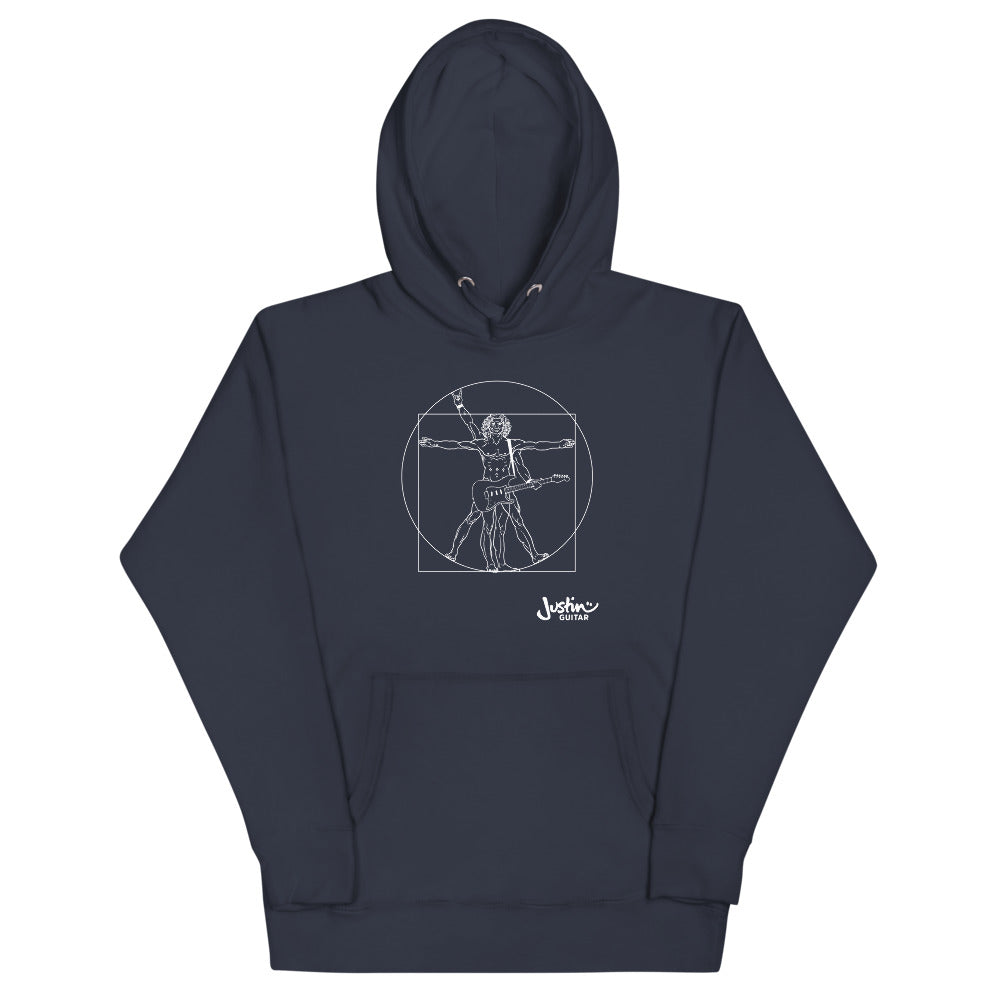 Navy hoodie with a design of Da Vinci playing the electric guitar. 